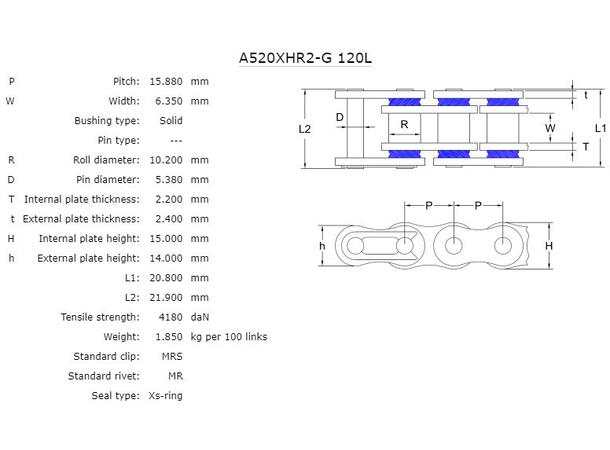 AFAM Kjede 520XHR2-G -Gull,Xs,500-1000cc Kraftig og slitesterkt 520 X-Ring kjede 