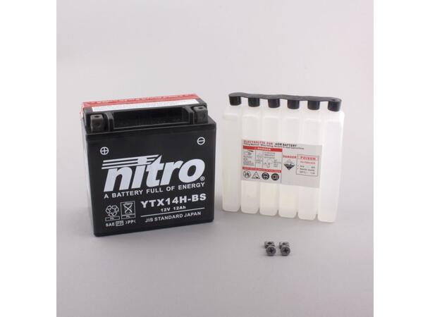 Nitro YTX14H-BS Batteri Vedlikeholdsfr. 12V, 12Ah, 150x87x145, Syrepakke, AGM 