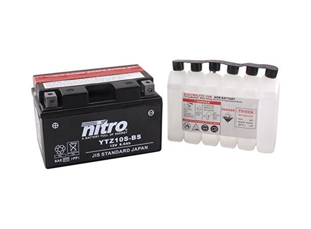 Nitro YTZ10S-BS Batteri Vedlikeholdsfr. 12V, 8.6Ah, 150x87x93, Syrepakke, AGM 