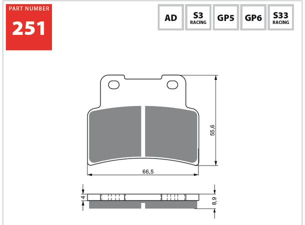 Goldfren Bremseklosser - Aprilia/Yamaha+ 68,6 x 55,6 x 8,9 mm 